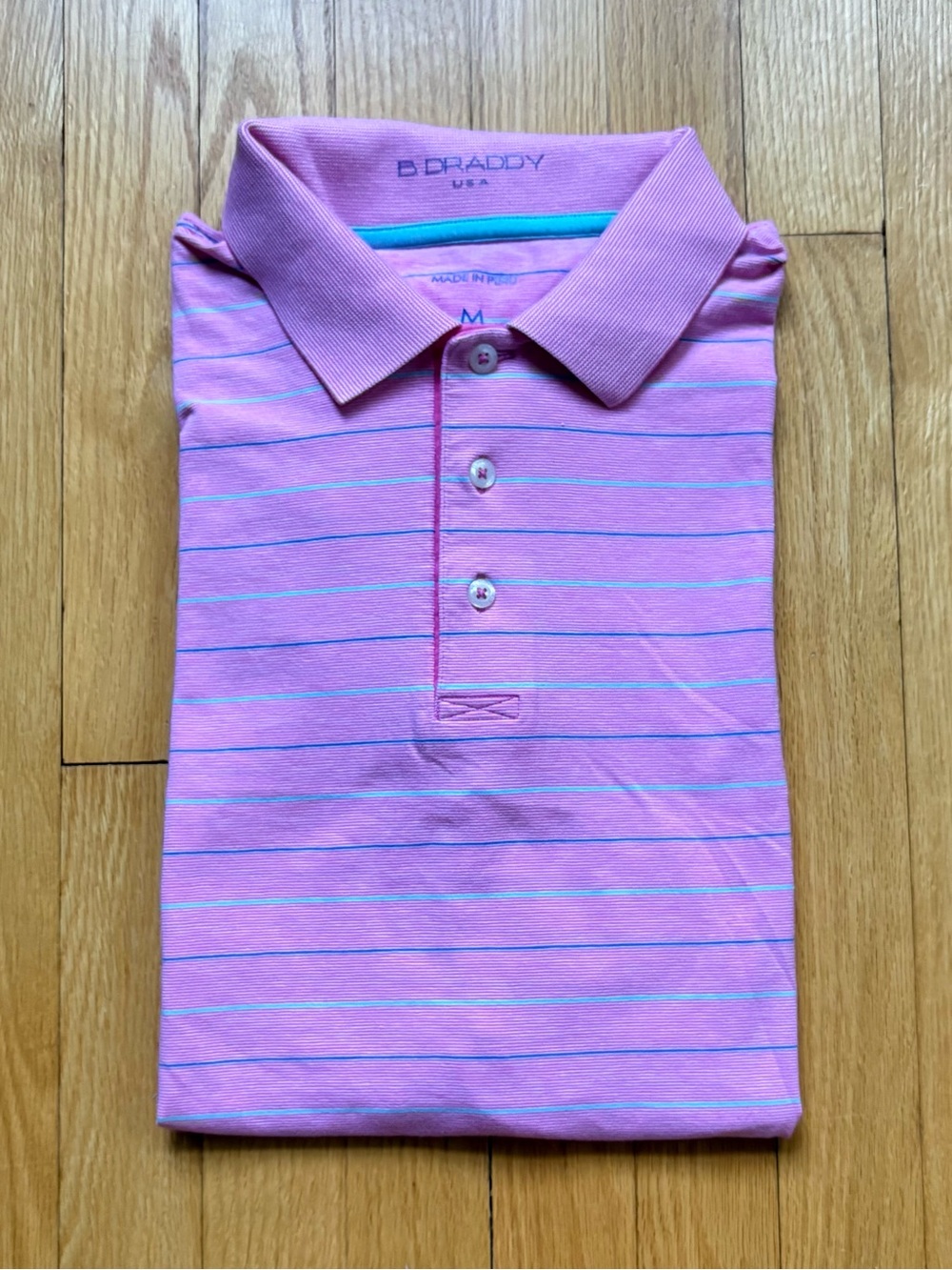 B. Draddy Men’s Short Sleeve Polo Shirt Medium Pink Blue Stripes
